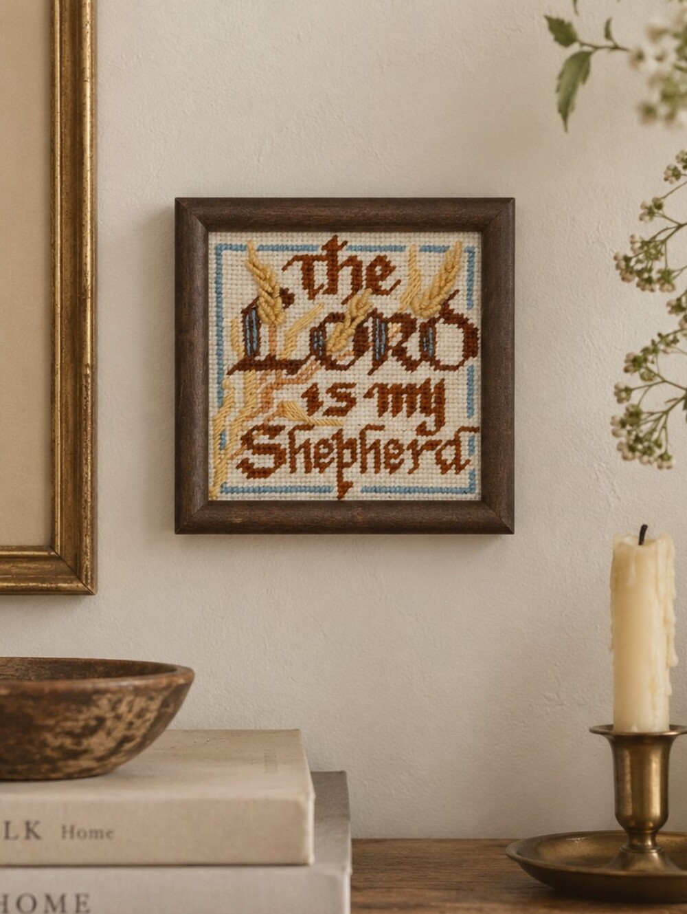 Vtg 70s The Lord Is My Shepherd Needlepoint Framed Wall Art Cottage Folk Gothic